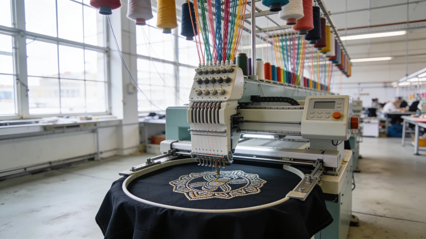 Sticken — Ablauf bei RG Textil in Berlin (KI-generierte Illustration)